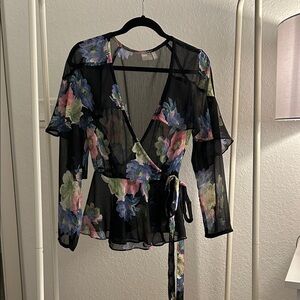 ASOS Black Floral Sheer Wrap Blouse